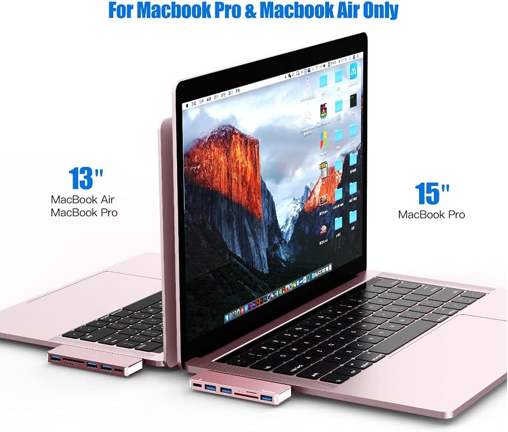 USB C Hub Adapter for MacBook Pro/Air 2020 2019 2018, 6 in 1 USB-C Accessories Compatible with MacBook Pro 13″ and 15″ with 3 USB 3.0 Ports, TF/SD Card Reader, Power Delivery (Pink)