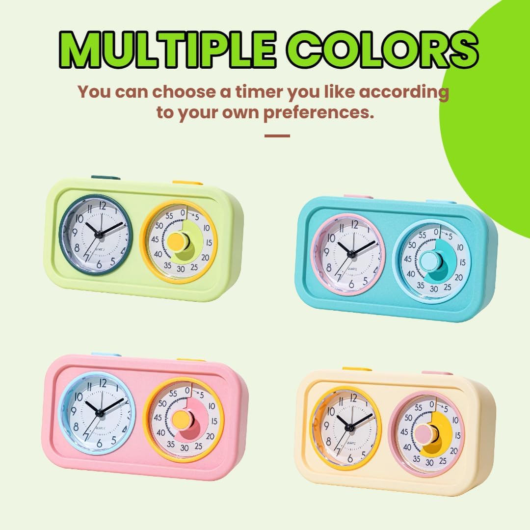 Visual Timer for Kids with Clock, 60 Minute Countdown Timer for Classroom, Home, Kitchen, Work, Dual-Screen Pomodoro Timer with Alarm Clock, Silent Time Management Tool with Night Light (Green)