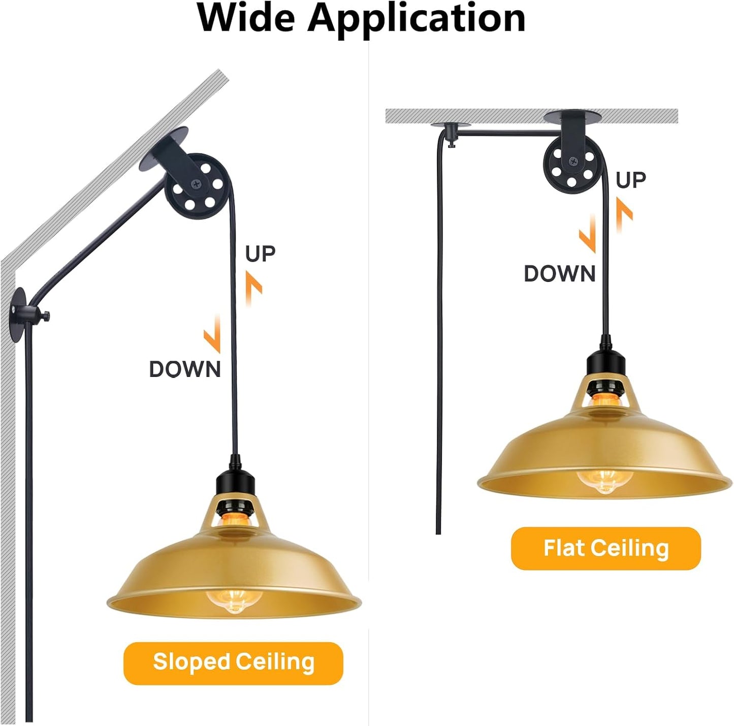 Plug in Pendant Light, Vintage Hanging Lamps with Gold Barn Shade Pendant Lighting with 14.76ft Cord On/Off Switch, Adjustable Pulley Hanging Lights for Kitchen, Bedroom, Living Room (1 Pack)
