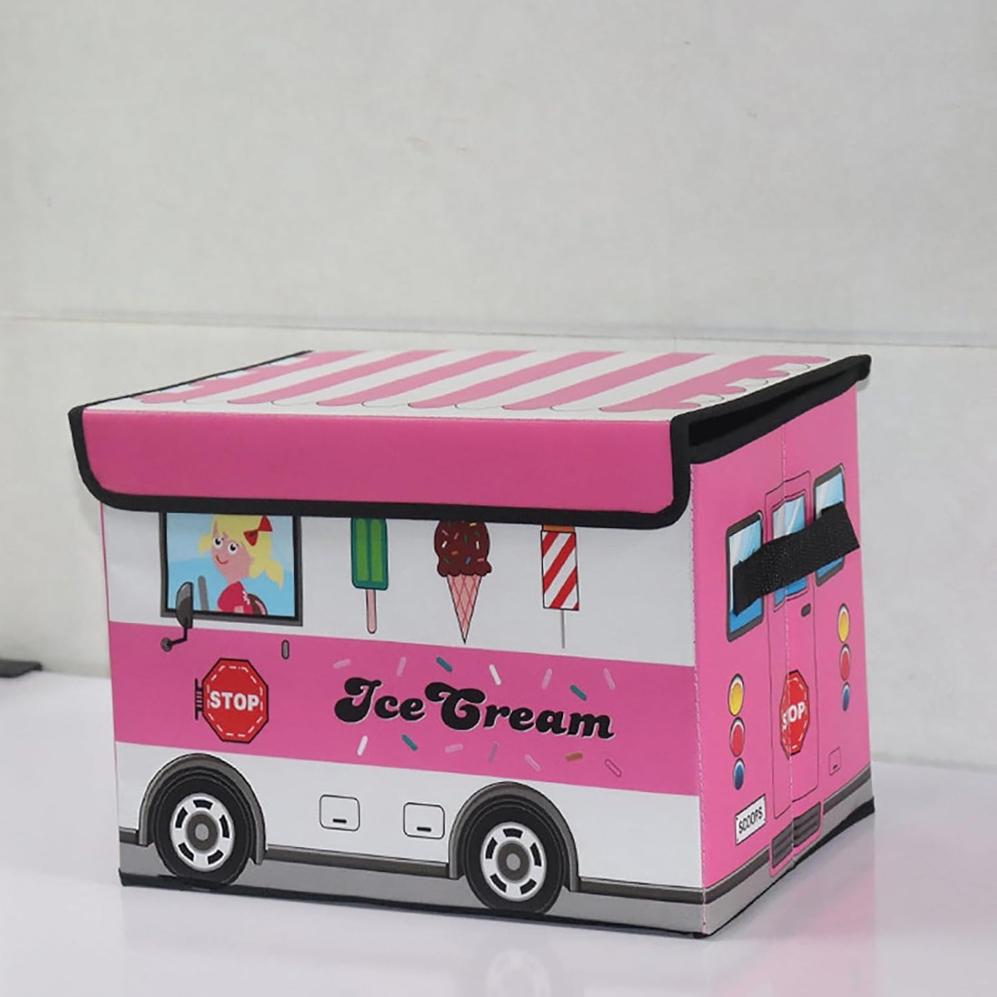 2-Pack Foldable Cartoon Storage Bins with Lids, 15x9.9x9.9 in Cute Cartoon Organizer Boxes, Dustproof Home Storage Containers, Ice Cream Truck