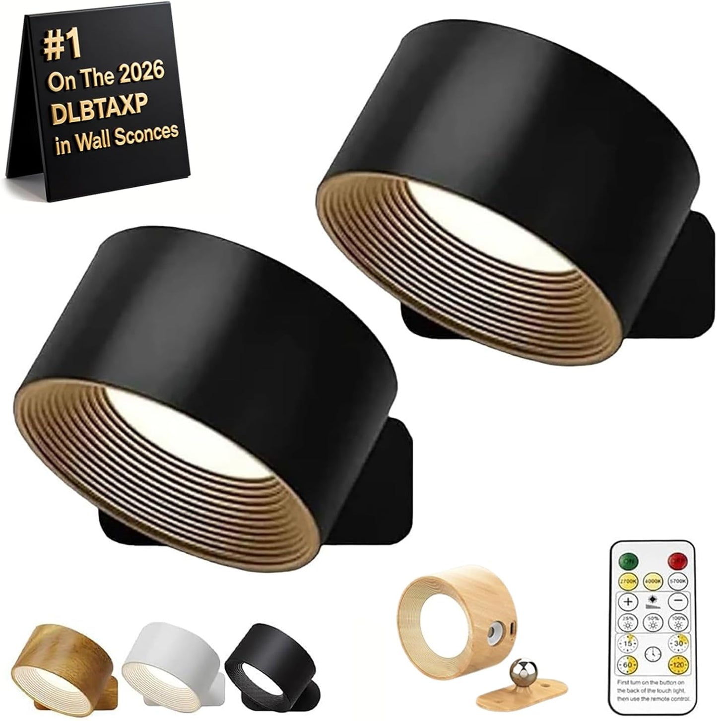 Rechargeable Wall Sconces Set of 2, Battery Operated LED Wall Lights with Remote, 3 Color Temperatures & Dimmable 360° Rotation Magnetic Lamps for Bedroom, Reading, Bedside, Living Room