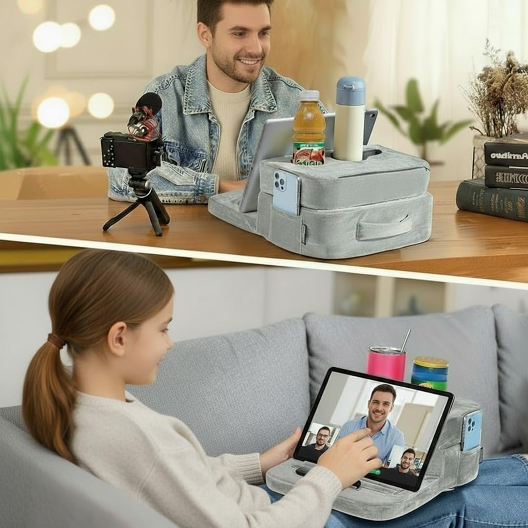 Sofa Cup Holder Tray Pillow - Holds Drinks, Snacks, Remotes & Devices - Cup Holders & Storage Pockets for Couch, Bed Cup Holder (Grey)