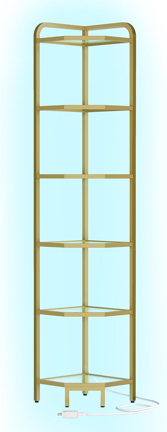 Corner Shelf with LED Lighting, 6-Tier Glass Bookshelf, Steel Frame, Tempered Glass, Modern Style Corner Shelf, Suitable for Living Room, Bedroom and Game Room, Gold CS09699G