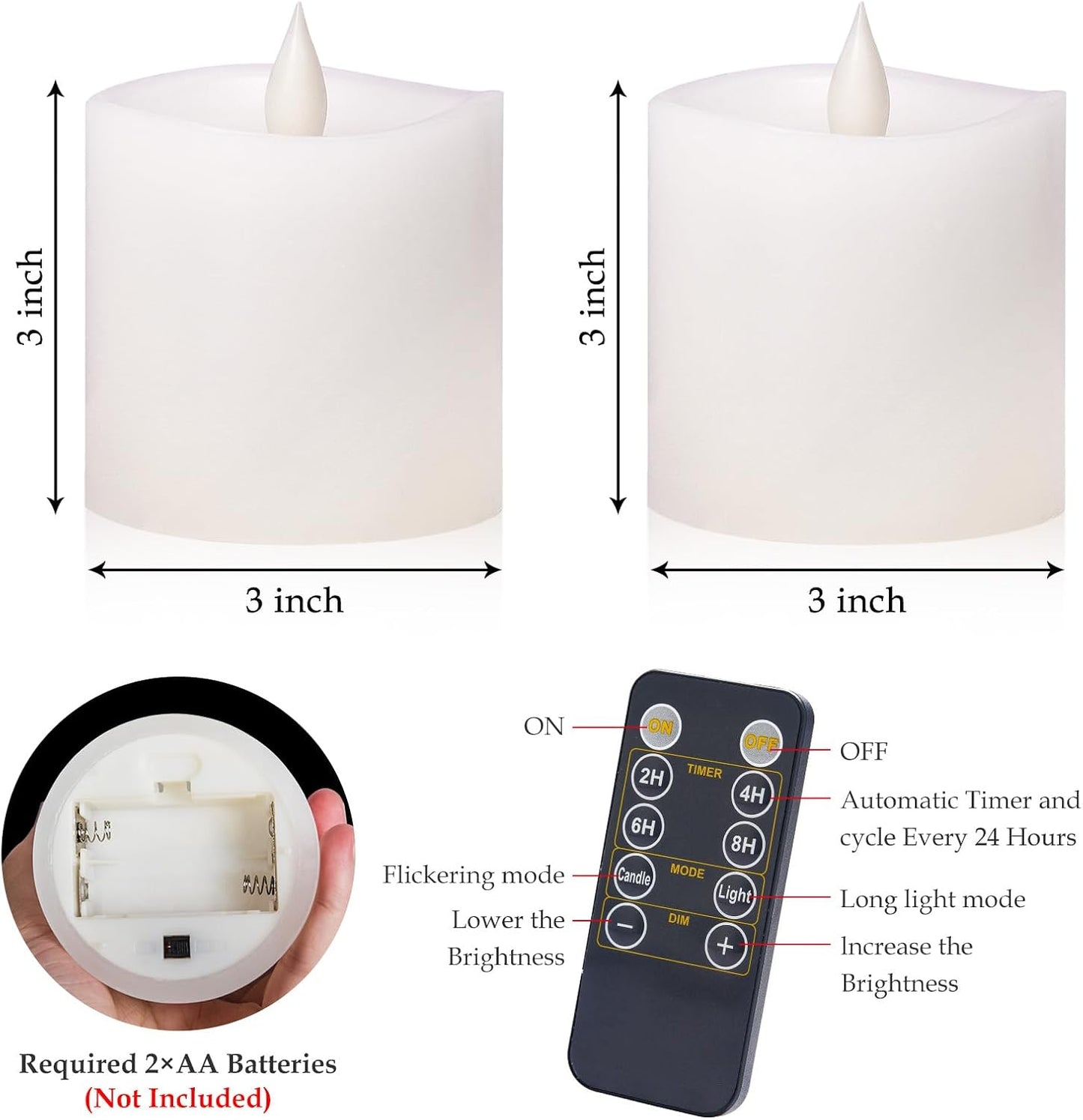 Flickering Flameless Candles Battery Operated with Remote Timer - Realistic 3D Moving Flame Candles, 600+ Hours Long-Lasting White LED Wax Candles for Wedding Home Decor, 3x3 Inch Set of 2