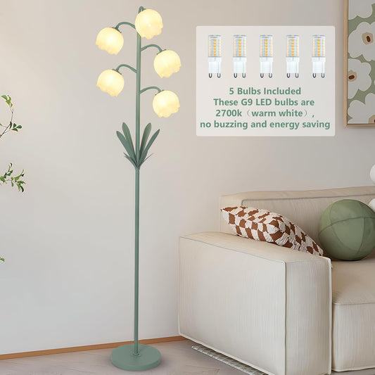5-Lights Flower Floor Lamp with LED Blubs, Green Modern Floor Lamps for Living Room, Adjustable Standing Lamps for Bedroom Reading, Corner Tall Lamp Tree Stand Up Lamp for Office Home Decor