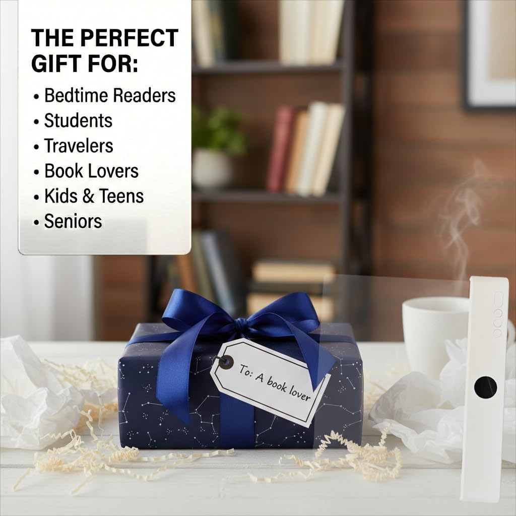 Book Light for Night Reading, Rechargeable Flat Page Light with Even Illumination & Eye-Friendly Dimming, Protective Scratch-Free Pouch Included, Portable Lamp for Bed, Airplane & Travel (white)