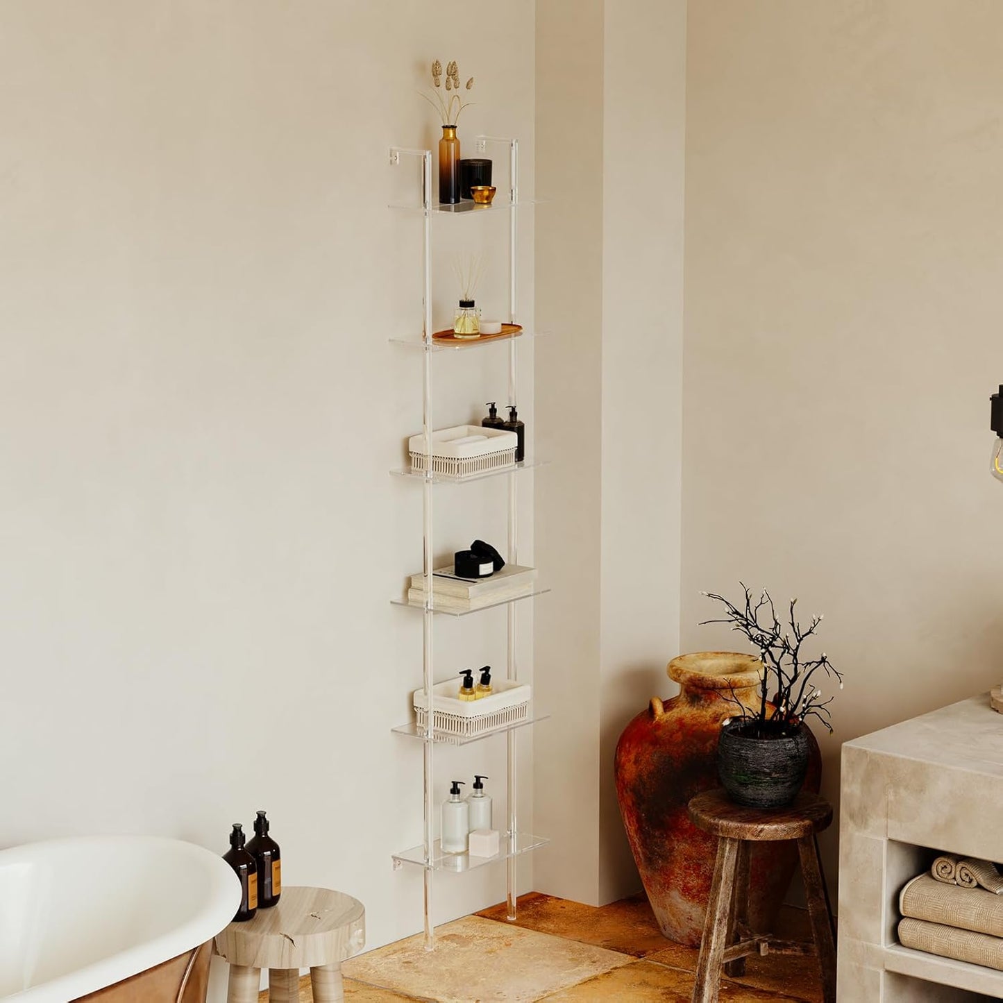 Small Acrylic Ladder Bookshelf, 9.5" D x 15.6" W, 6-Tier Clear Wall Mounted Book Shelf for Small Spaces, Multipurpose Bookcase for Living Room, Bathroom, Office, Modern, 86" H