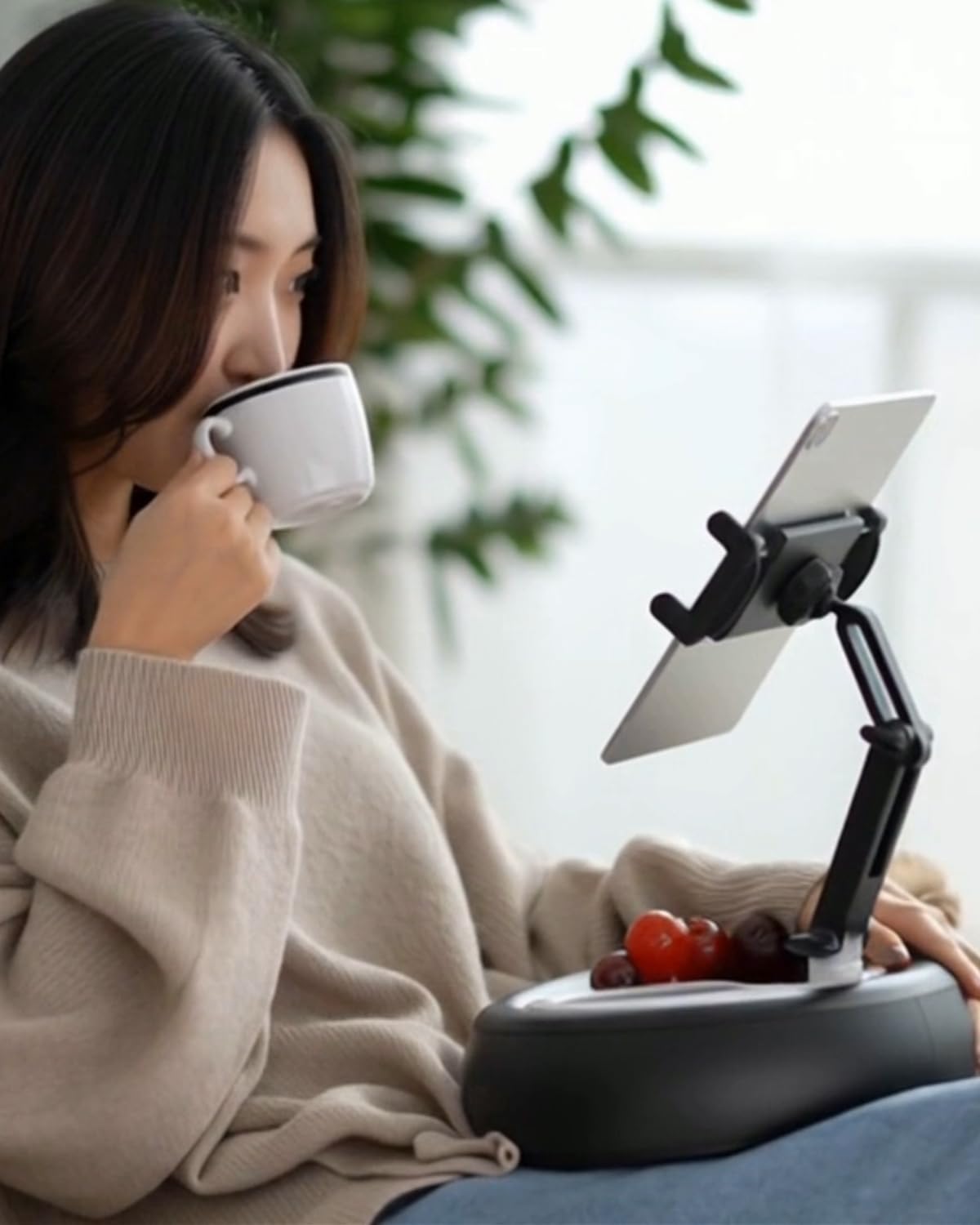 Tablet Leather Pillow Stand,【Stain-Resistant】 Tablet Holder with 2 Snack Bowl, Adjustable Pillow Stand for Lap/Bed/Couch/Desk, Fits 4-13" Kindle, iPad Pro Air Mini, Phone, Galaxy Z Fold
