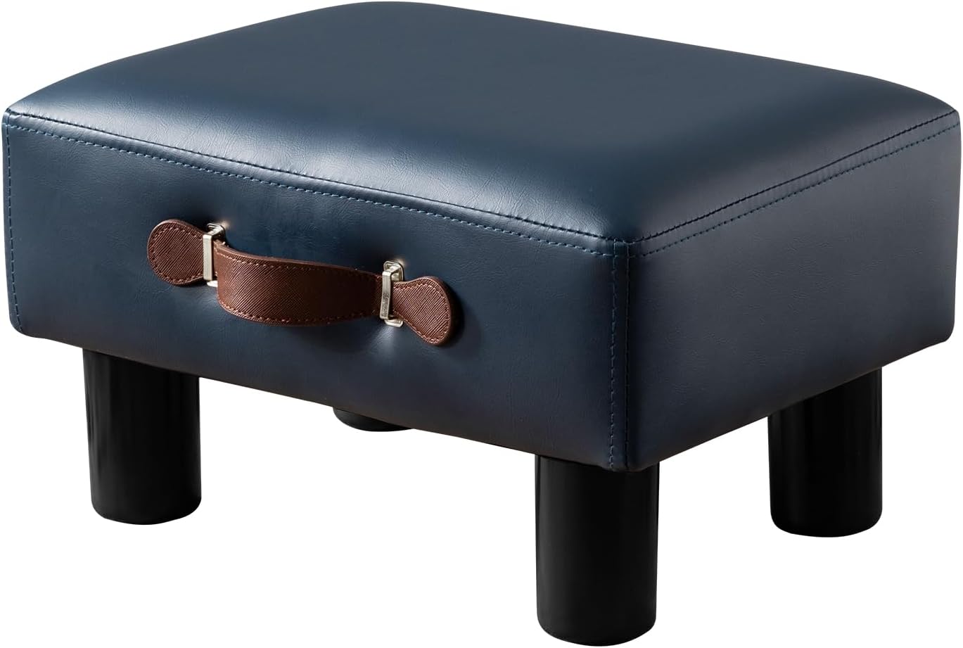 Small Foot Stool with Handle, Blue PU Leather Short Foot Stool Rest, Rectangle Storage Foot Stools Ottoman with Plastic Legs, Padded Footstool Small Step Stool for Living Room, Office, Desk, Patio