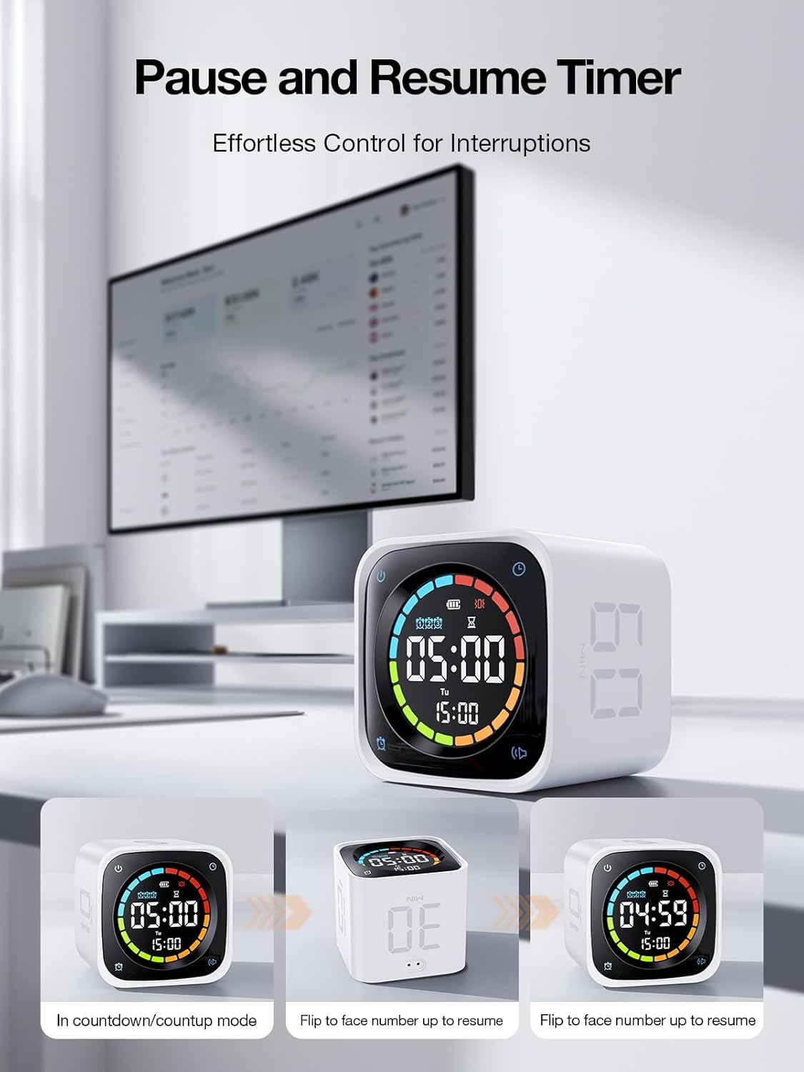 TK3 Pomodoro Timer Cube, Productivity Timer, 5/10/30/60 Min Presets, Custom Countdown, Stopwatch & Clock, Triple Alarms, Silent/Vibration/Sound Alerts, Rechargeable for ADHD Study Task, White