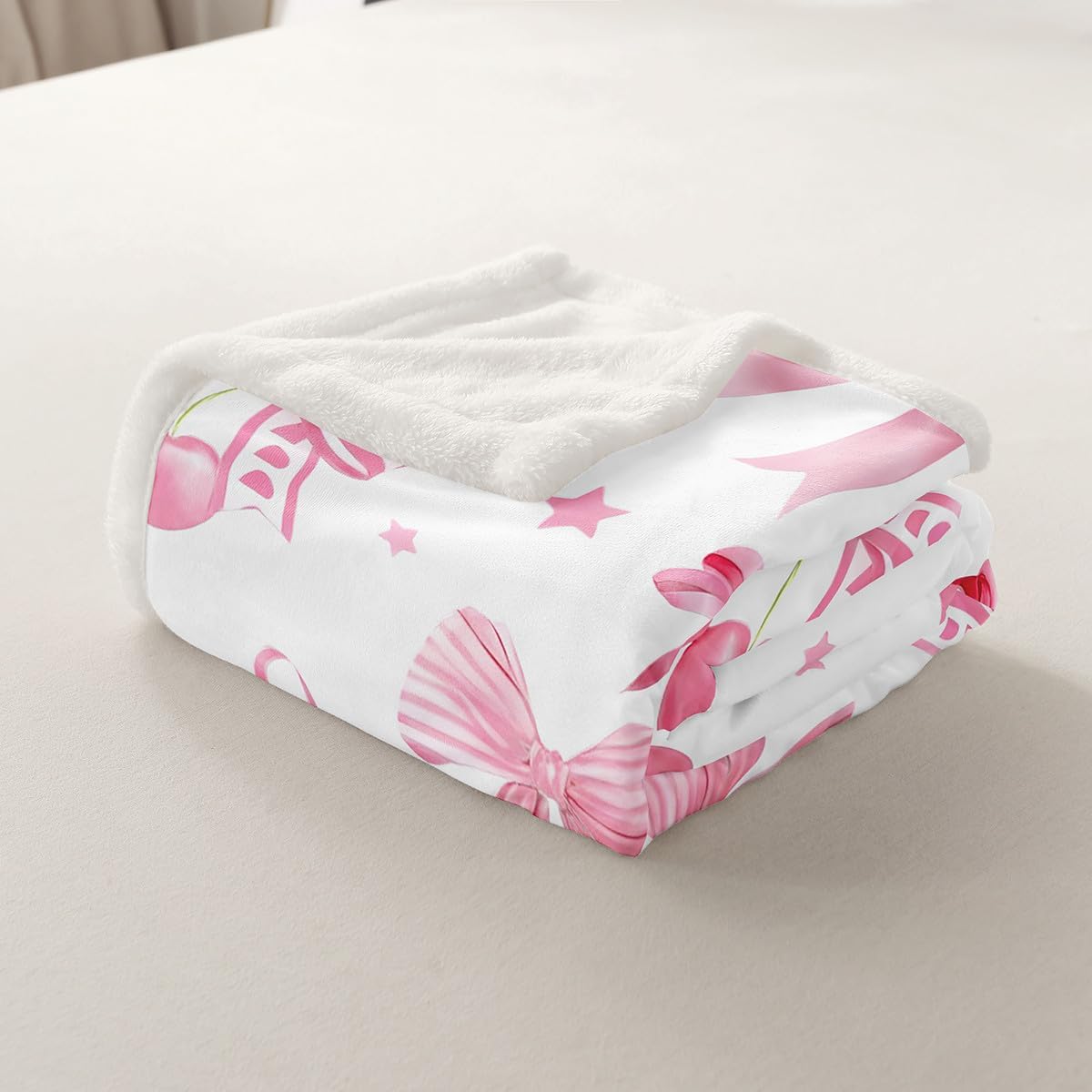 Manfei Bow Cherry Throw Blanket Pink Blue Bowknot Fleece Blanket, Cute Bow Tie Princess Cozy Throws for Bed Couch Sofa, Kids Girls Women Room Decor, Soft and Breathable(50 x 60 Inches)