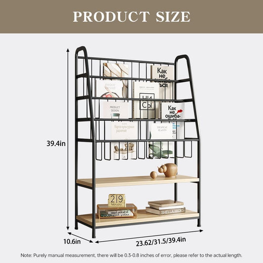 Bookshelf for Kids,Modern Magazine Rack Floor,Freestanding Bookcase for Books,Kids Picture Books,CD DVD & Vinyl Record Storage,Metal Display Shelf with Wooden Shelves(Black, L:31.5")