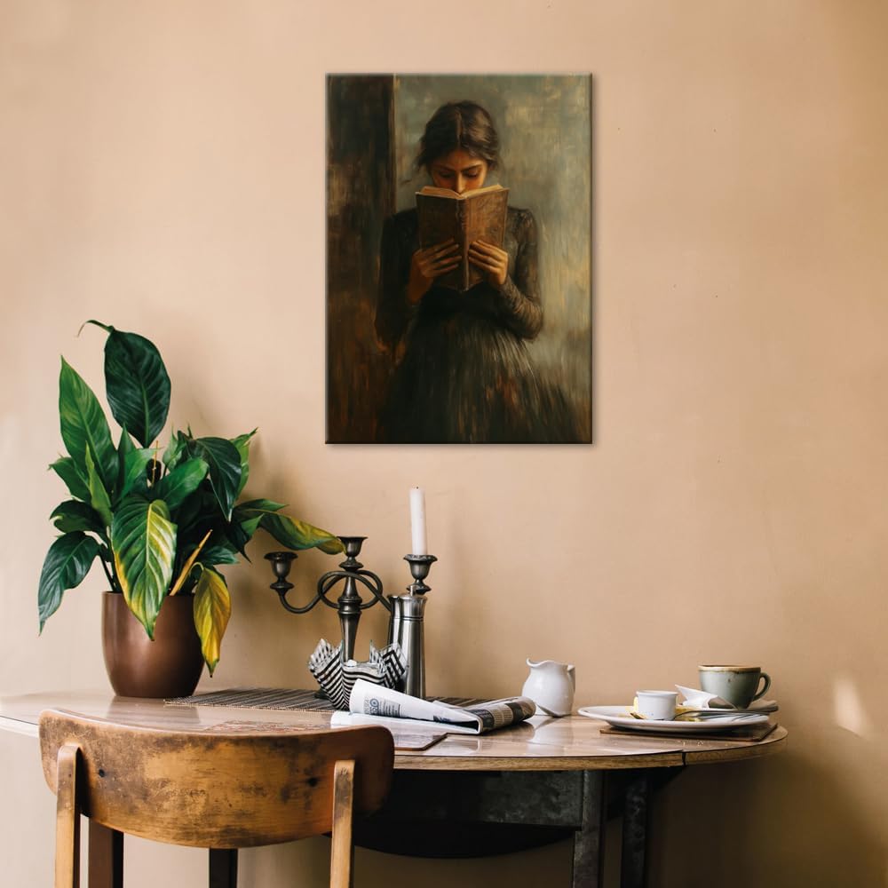 Dark Academia book wall art Decor Victorian Woman Reading Bookish Wall Art Print posters vintage book room library nook Decor Paintings Picture Moody Girl Aesthetic Poster 16x24in Wrapped Canvas