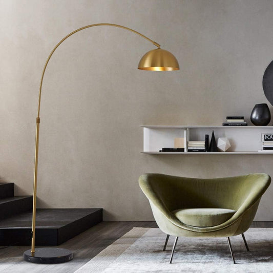 Arched Floor Lamp Marble Base Nordic Simple Standing Floor Lights Metal Copper Finish Curved Floor Light Reading Light Height Adjustable with Marble Holder for Living Room Bedroom Beside E27