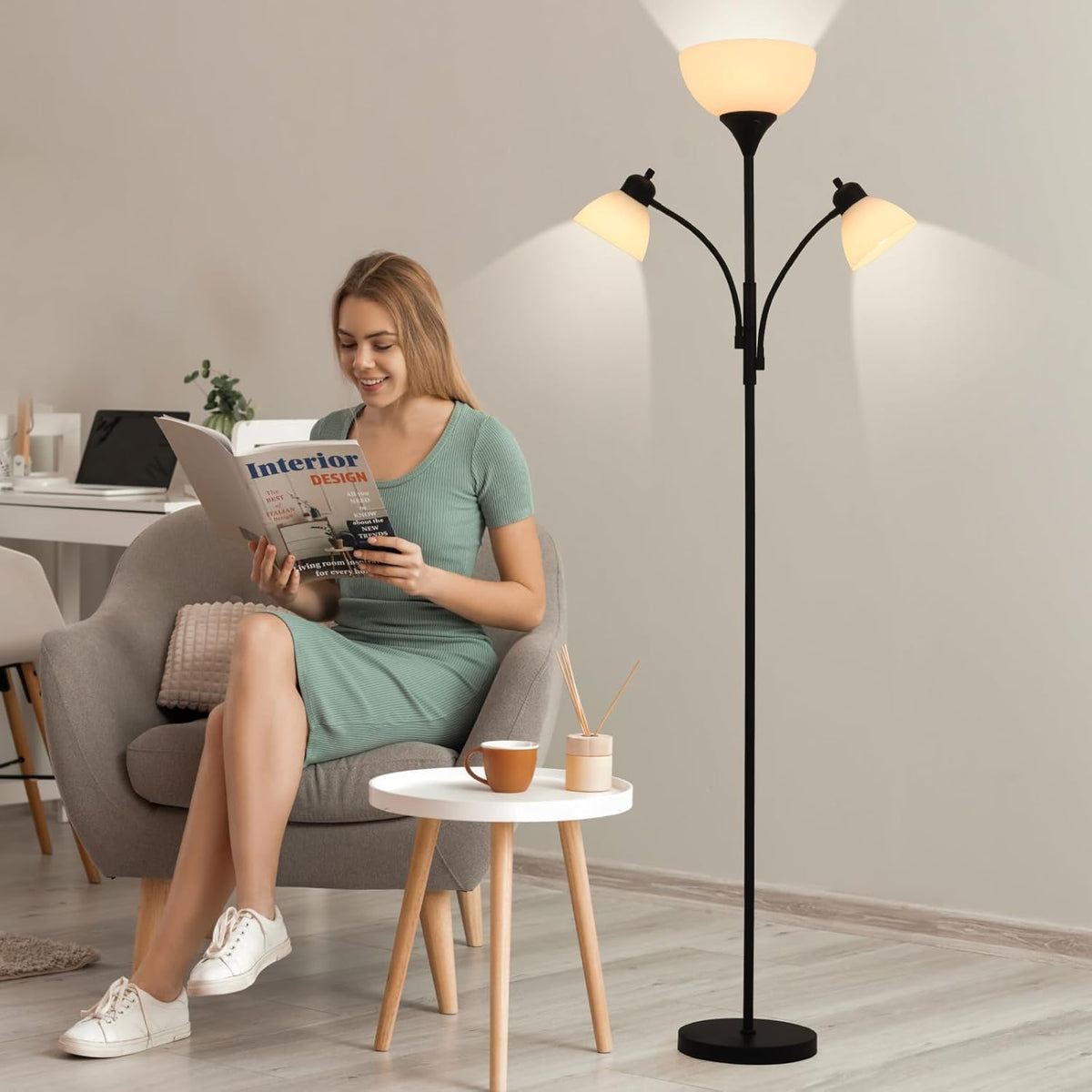 3 in 1 Lamps for Living Room, Floor Lamp with 2 Adjustable Reading Lights, Stepless Dimming Floor Lamps, 3 LED Bulbs Included, Modern Standing Lamp for Bedroom, Office, Home Essentials