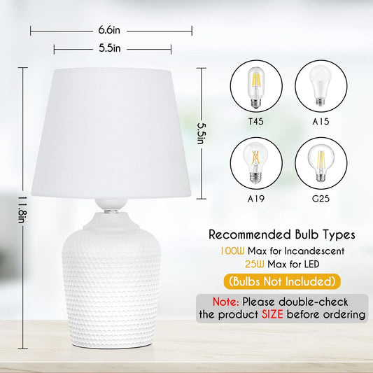 Sucolite Small 11.8" Table Lamps Set of 2, Bedside Nightstand Lamps for Bedroom Kid’s Room, Cute Desk Lamps with Studded Texture Base for Reading Nursery Living Room Office, White