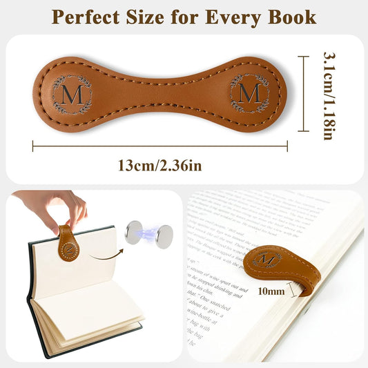 Personalized Leather Magnetic Bookmark with Pen Holder – Custom Initial Design for Readers(Brown-D)