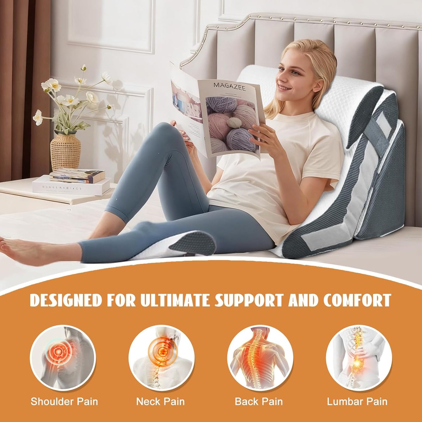 4PCS Orthopedic Bed Wedge Pillow Set, Adjustable Curve Memory Foam Wedge Pillow, Pillow Wedges for Post Surgery, Back Pain Relief, Triangle Pillows for Acid Reflux, Snoring, GERD, White/Grey