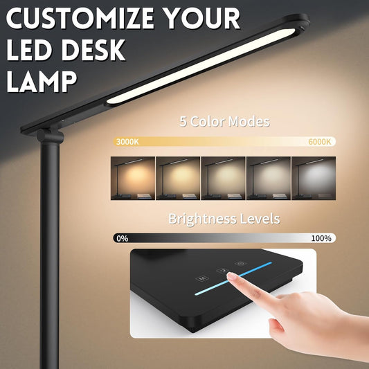 LED Desk Lamp for Home Office, USB Charging Port, Reading Desk Light with 5 Color Temperatures, Stepless Dimming, Table Lamp with Timer, Night Light, Foldable Desk Lamp for College Dorm Room (Black)