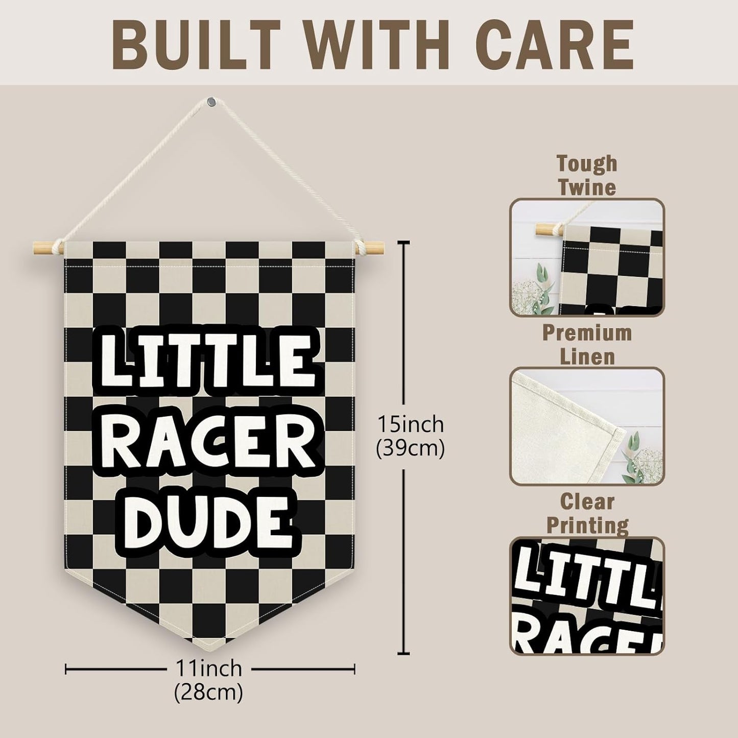 Playroom Boys Kids Room Decor, Black Checkered Little Racer Dude Banner Canvas, Nursery Wall Hanging Frame Decor Art Pennant Flag for Toddler Room Preschool Dorm Little Boy 11x15in