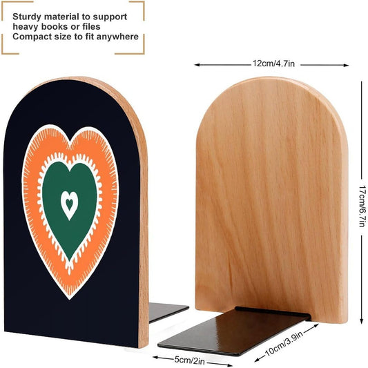 Non-Slip Bookend for Shelves Heart on Black Background Wooden Bookends with Metal Base Decorative Book Stopper for Home Heavy Duty Wood Book Storage for Books/CDs