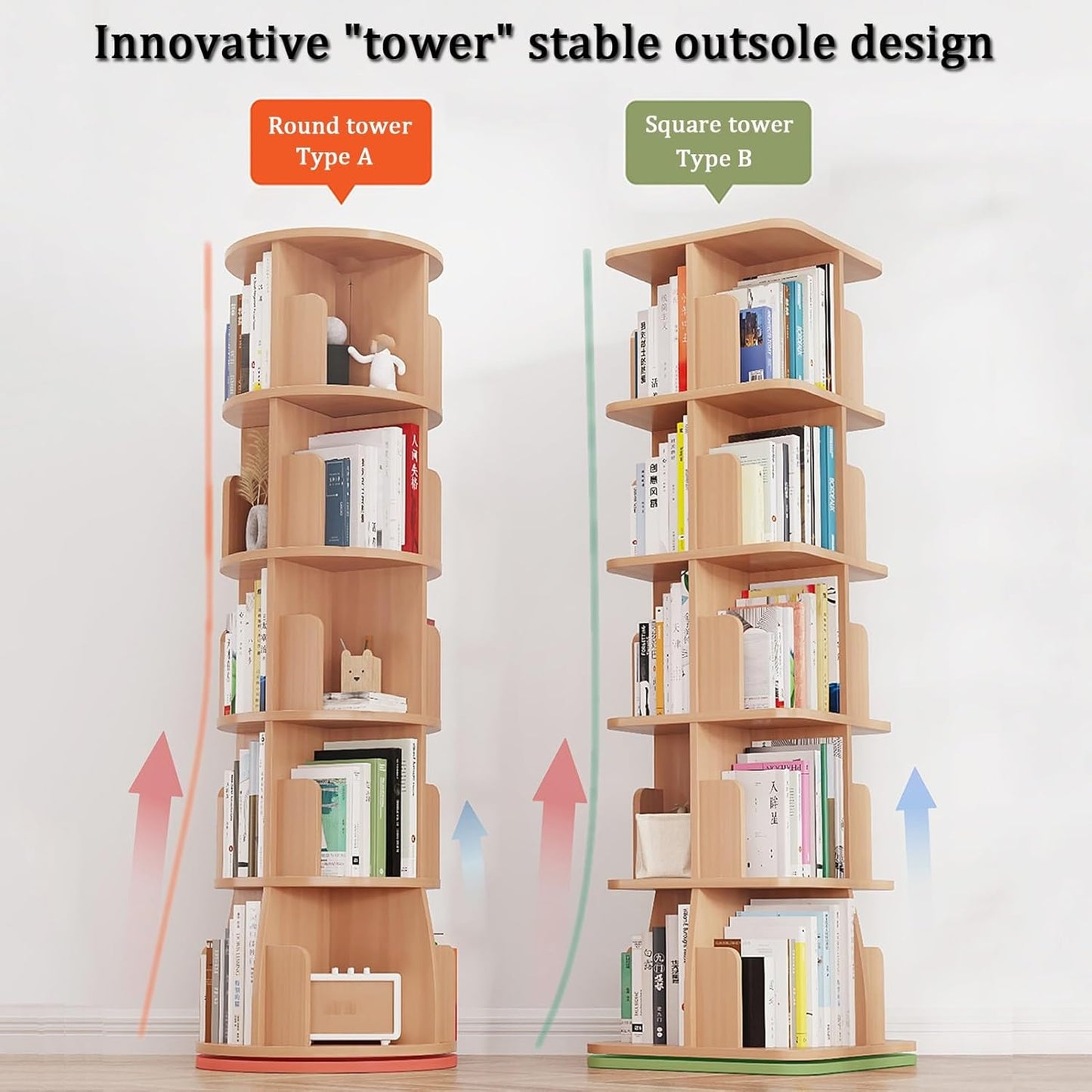 YVYKFZD Rotating Bookshelf, Wood Revolving Bookcase Tower, 360° Corner Display Storage Rack, Floor Standing Narrow Book Shelf Organizer, for Small Space, Bedroom, Living Room(White A,2 Tier H 66cm/25.