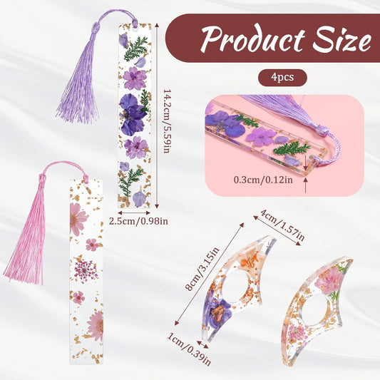 4 Pack Dried Flower Resin Bookmarks Book Lover Gifts Handmade Bookmarks with Tassel Transparent Floral Book Page Holder and Books Mark Set for Reading Lover Students Teachers