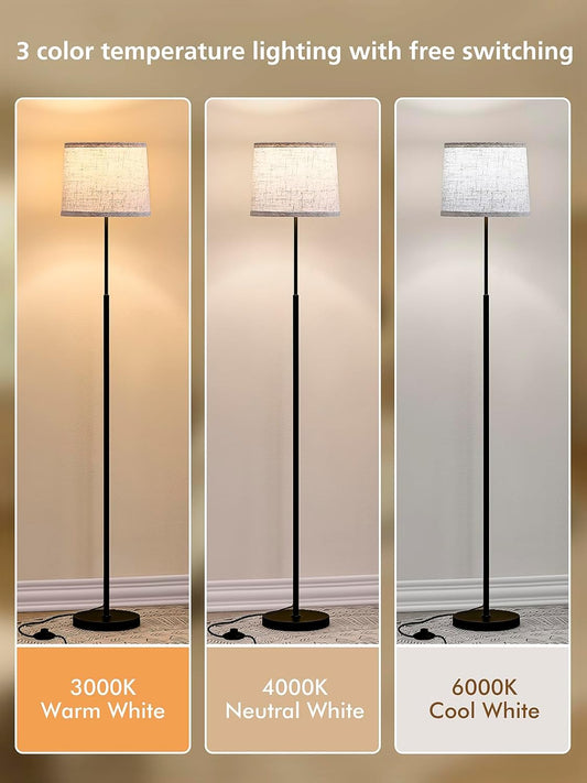 60" Modern Floor Lamp for Living Room Bedroom, Standing Lamp with Oatmeal Linen Lampshade, Tall Lamp with A19 9W 3 Color Temperature Bulb, Foot Switch Control, Black