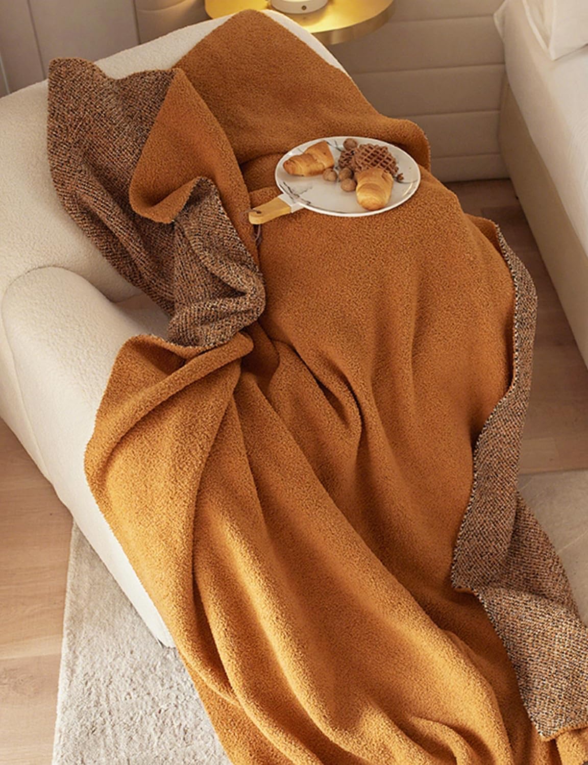 Burnt Orange Throw Blanket 50x70, Reversible Textured Fleece Blankets for Couch and Bed, Soft Warm Decorative Cozy Sofa Blanket for All Seasons