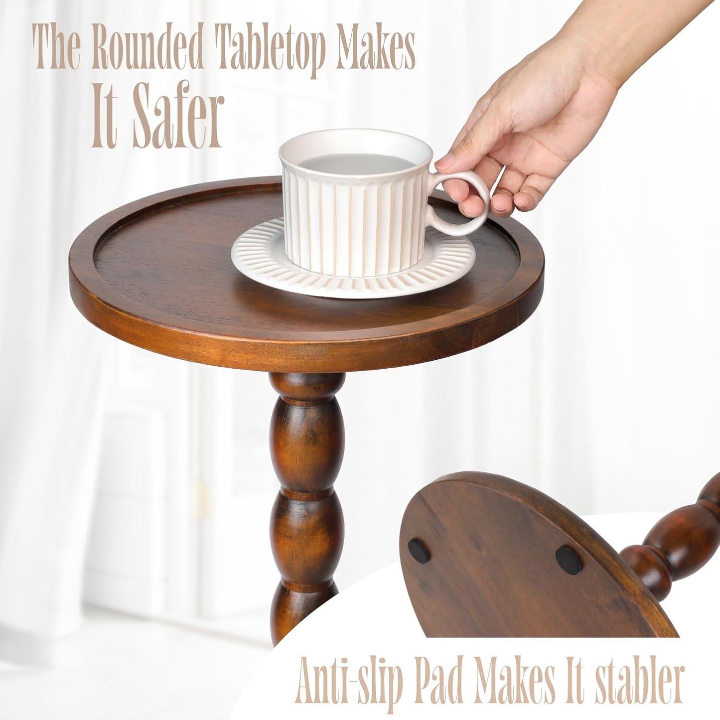 Solid Wood Round Pedestal Side Table with Tray-Top Rim – Bobbin Turned Accent End Table for Living Room, Bedroom – Compact Small Round Drink Table with Stable Base, Nightstand with Solid Table Wood