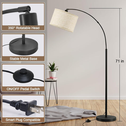 71" Arc Floor Lamps for Living Room, Standing Lamp with Adjustable Head, Tall Pole Lamp with Foot Switch, Arched Reading Light for Bedroom, Office, 9W Adjustable Color Temperatures Bulb Included
