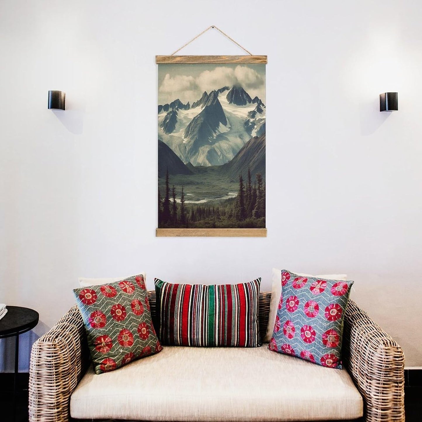 Vintage Alaska Mountains Poster with Wooden Frame Personalized Linen Hanging Scroll Painting Rustic Wall Hanging Illustrative Modern Artwork Decor for Home Living Room Bedroom Office