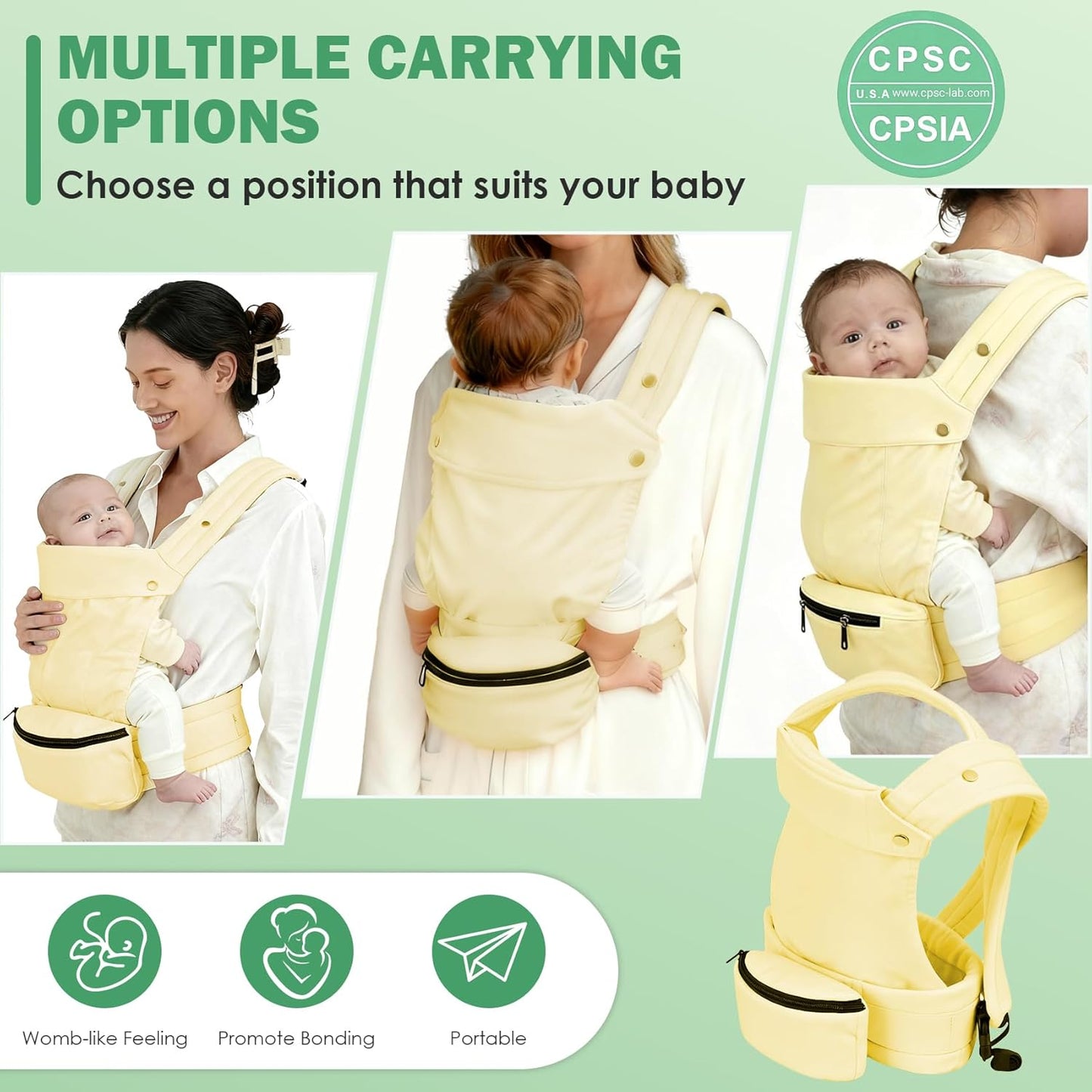 Baby Carrier with Storage Bag, 4 in 1 Front & Back Facing Design, Forward Facing, Adjustable, Baby Essential, Head Support, Baby Carrier for Newborn to Toddler, Almond Yellow