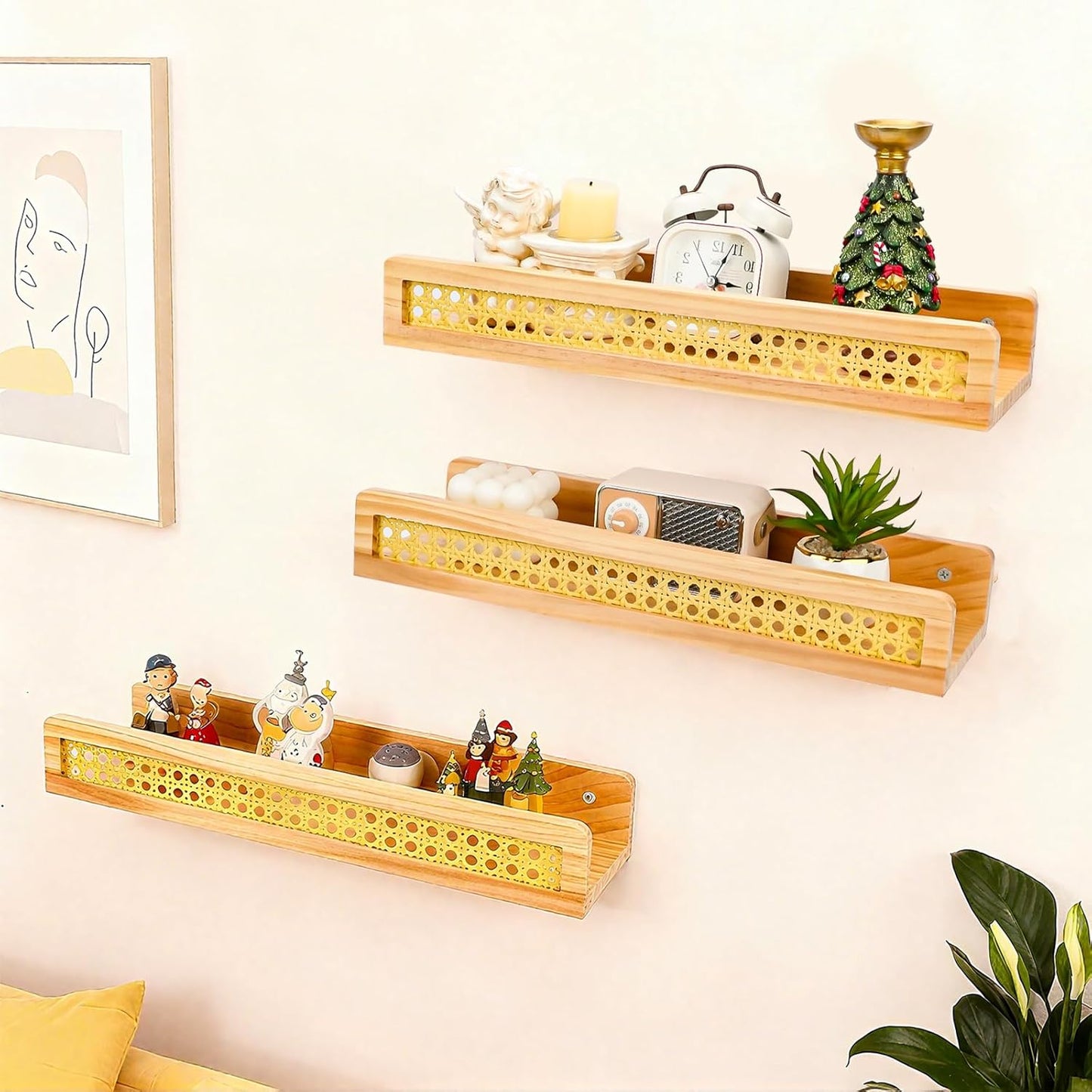 Zoyiancy 3 Pcs Rattan Wall Shelf, Natural Wooden Wall Mounted Floating Shelves, Decorative Picture Ledge Wicker Nursery Bookshelves for Bedroom, Kitchen, Living Room, Office