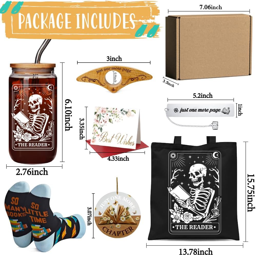 Unique Cool Reading Day Gifts 7 Pcs Set for Book Lovers, Readers, Librarian, Students, Teacher - 16oz Glass Cup With Lids, Tote Bag, Socks, Bookmark, Flipper, Funny Ornament - Book Themed Gift