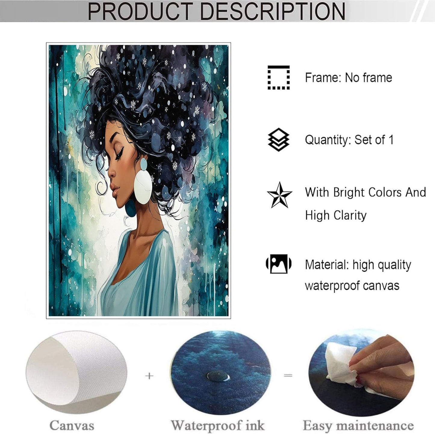 GDJSMIN Watercolor Style Wall Art, Beautiful Black Woman Light Blue Dress Poster for Reading Room Living Room Decor 16x 24 inch Unframed