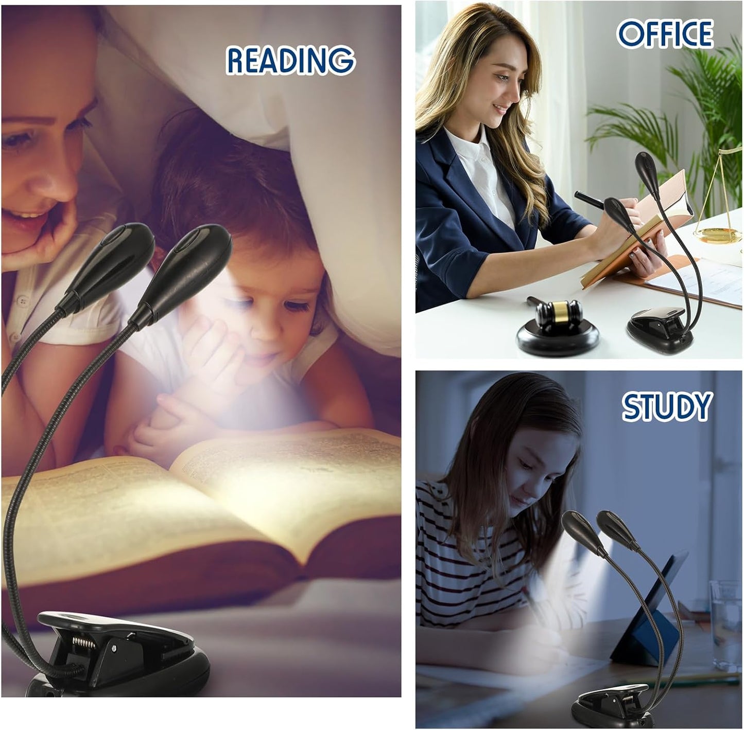 10 Pcs LED Book Light USB and AAA Battery Operated Music Stand Clip on Reading Light 4 Brightness Levels Dual Arm Clip Lamp for Eye Protection Bookworms Orchestra Readers Piano Player