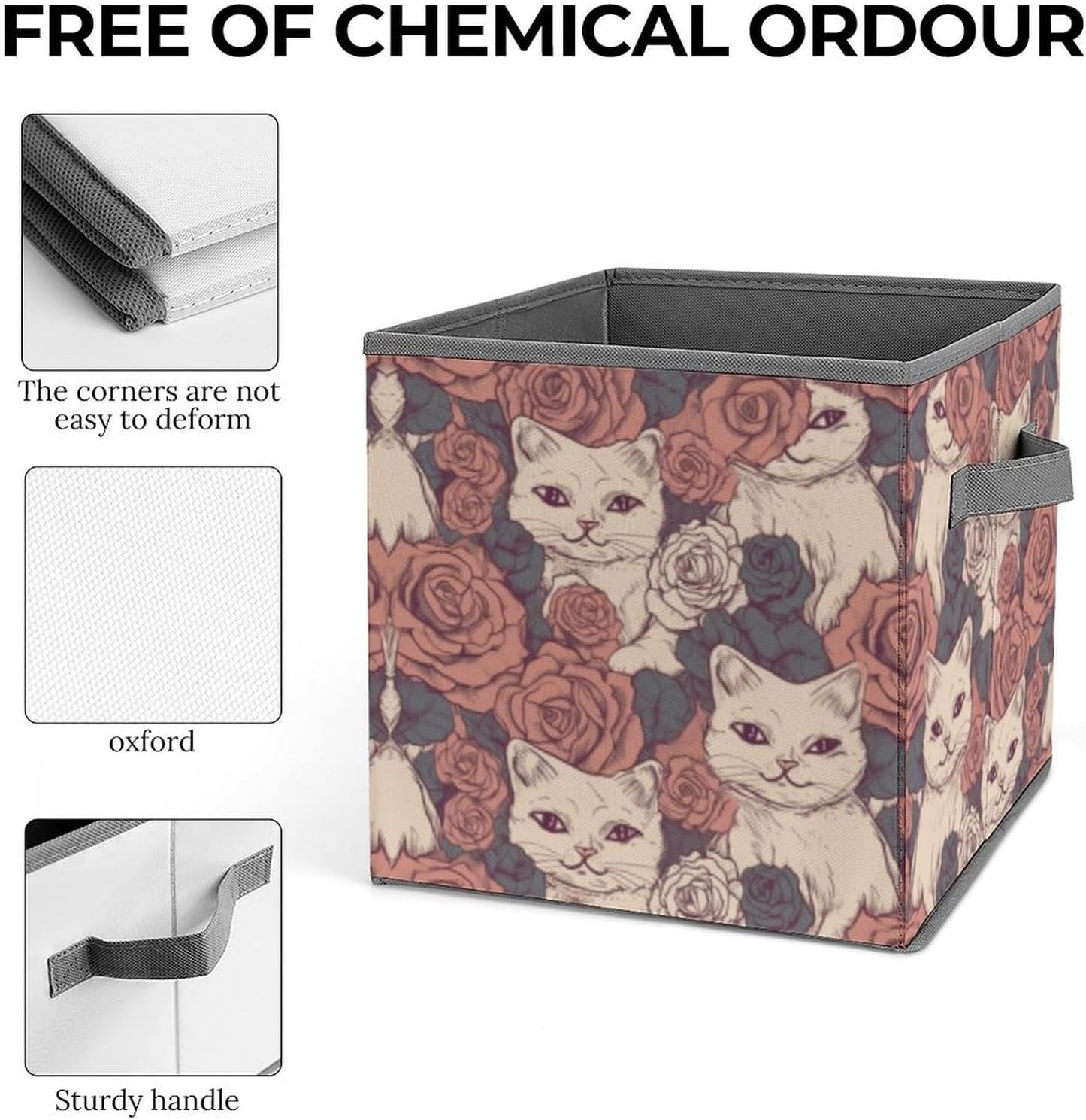 Rose Cat Storage Bins with Handles Fashion Large Storage Cubes Sturdy Foldable Storage Boxes Space-Saving Storage Baskets for Home Office Clothes Closet Organizers