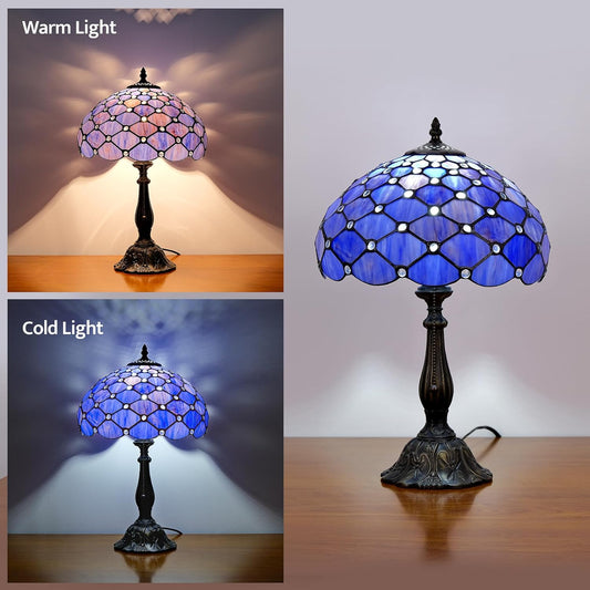 Tiffany Lamp Vintage Deep Blue Stained Glass Bead Table Lamp Desk Bedside Reading Light Decor Bedroom Living Room Home Office D12*H18 Inches