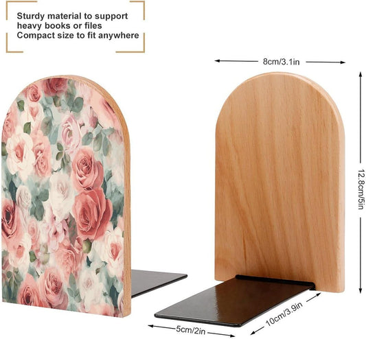 Soft Color Pale Faded Mix of Roses Bookends 1 Pair Heavy Duty Book Ends for Shelves Non-Skid Bookend Supports Wooden Book Holders with Metal Base Desk Organizers Books Storage to Hold Books
