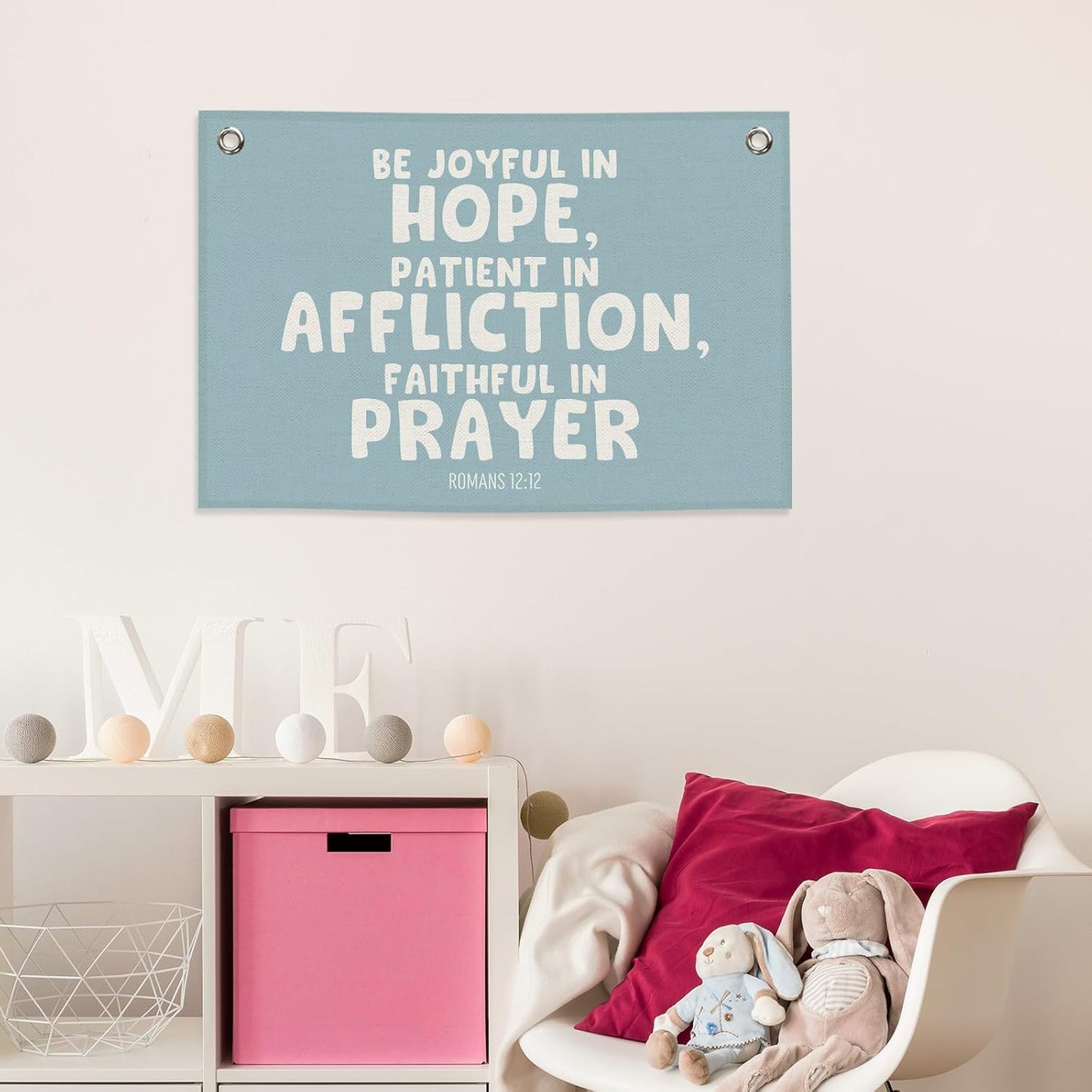 Blue Christian Kids Banner Canvas, Bible Verse Be Joyful in Hope Toddler Room Decor, Inspirational Hanging Flag Sign, Nursery Wall Tapestry Art for Playroom Bedroom Classroom Decor 20x30in