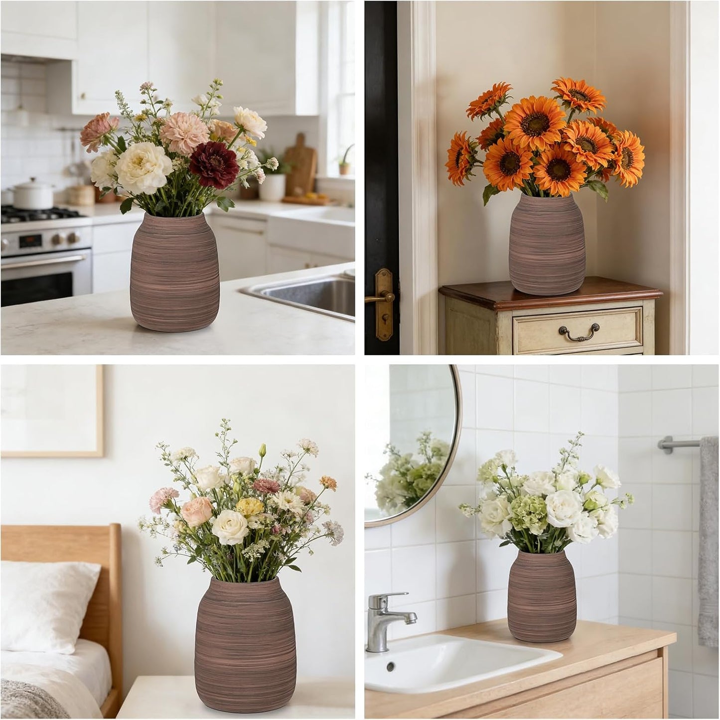 Briful Ceramic Vase for Home Decor, Rustic Brown Textured Decorative Vase for Pampas Grass, Modern Farmhouse Vase for Living Room Coffee Table, Dining Table Centerpiece, Entryway & Shelf (7.6” Tall)