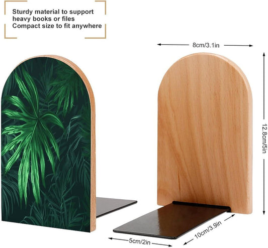 Green Tropical Jungle Plant Bookends 1 Pair Heavy Duty Book Ends for Shelves Non-Skid Bookend Supports Wooden Book Holders with Metal Base Desk Organizers Books Storage to Hold Books