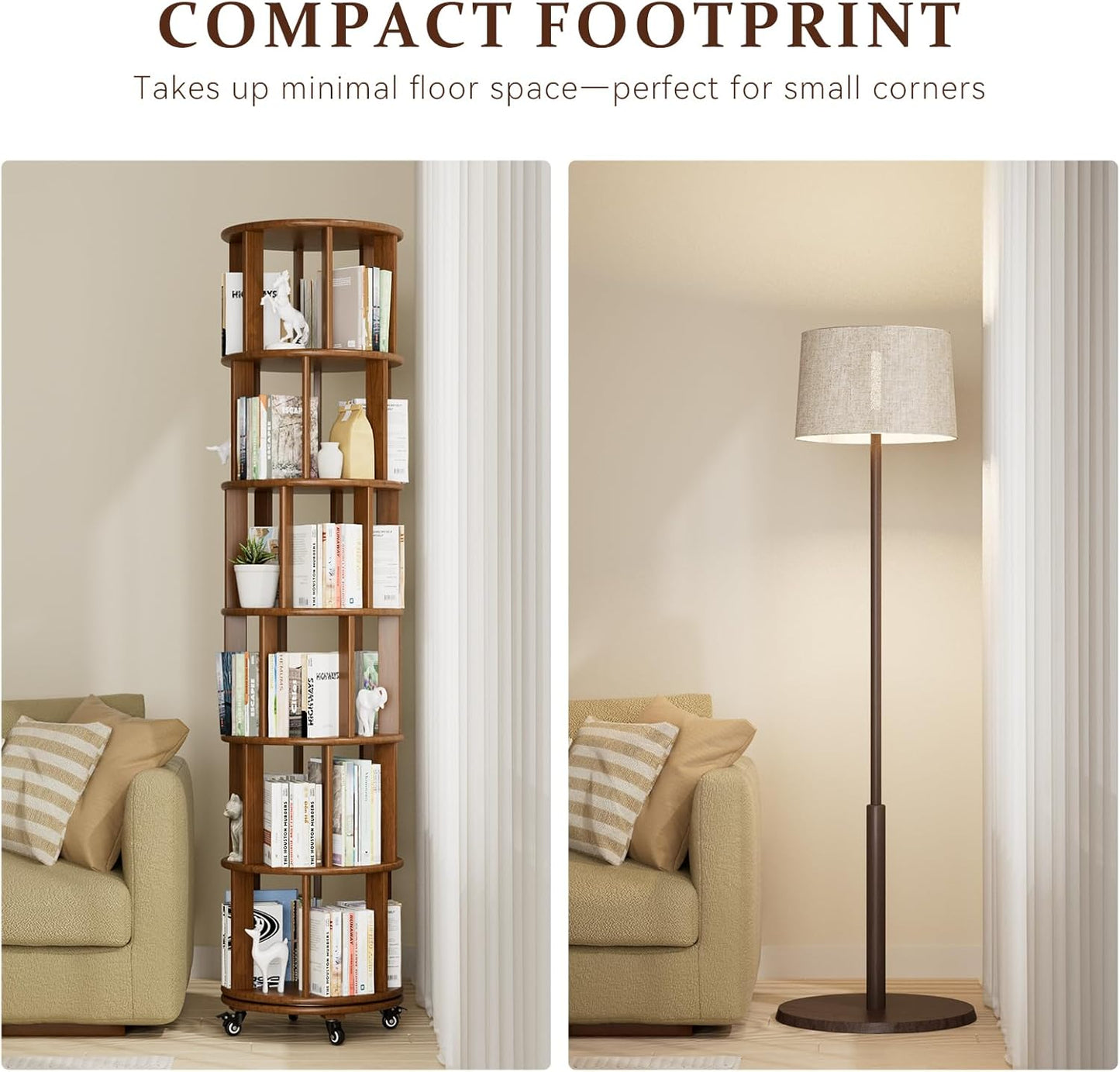Rotating Bookshelf Towers Solid Wood Revolving Bookcase 6 Tier Tall Spinning Book Rack on Wheels Vertical Corner Book Organizer for Small Apartments, Bedrooms, Living Rooms, Reading Nooks, Hallways