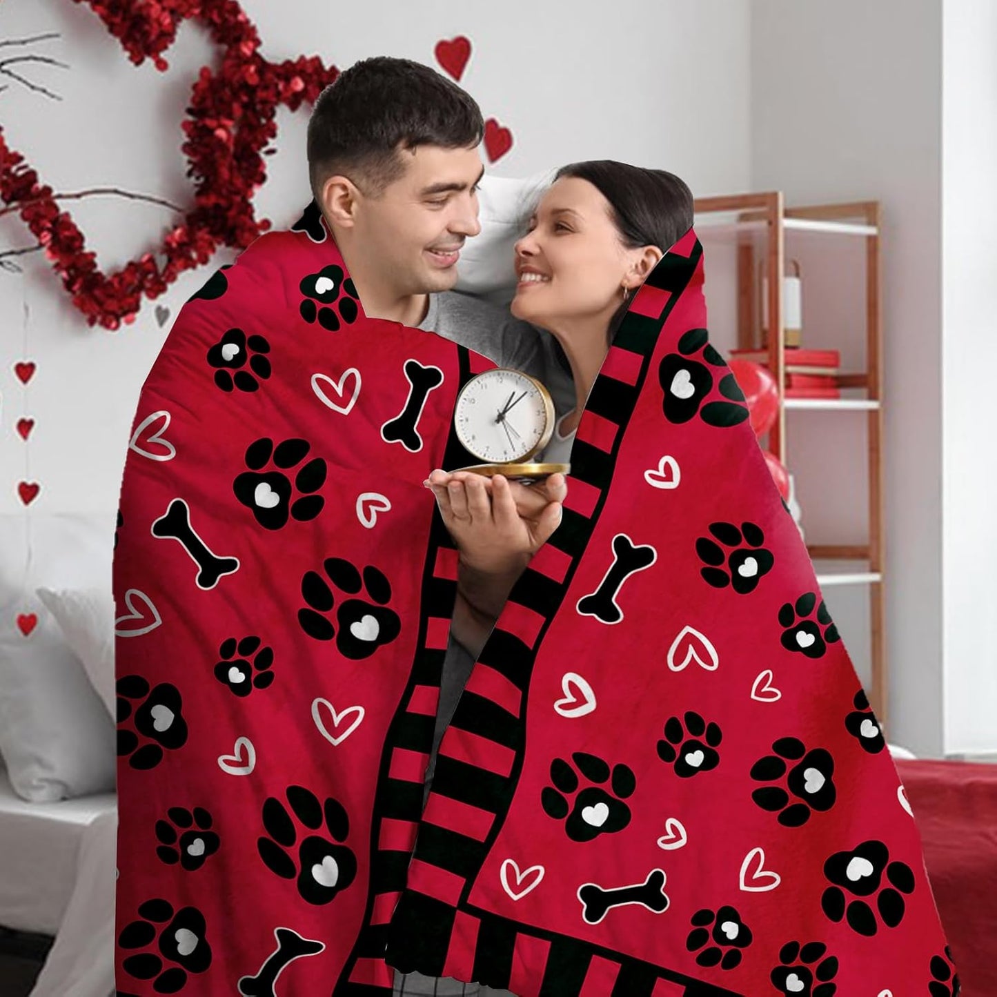 Valentines Red Flannel Blanket, Dog Paw Prints Bone Love Heart Throw Blanket Gifts for Women Girls Wife, Soft Blanket for Anniversary Wedding Bedding Sofa 50 x 60 Inch