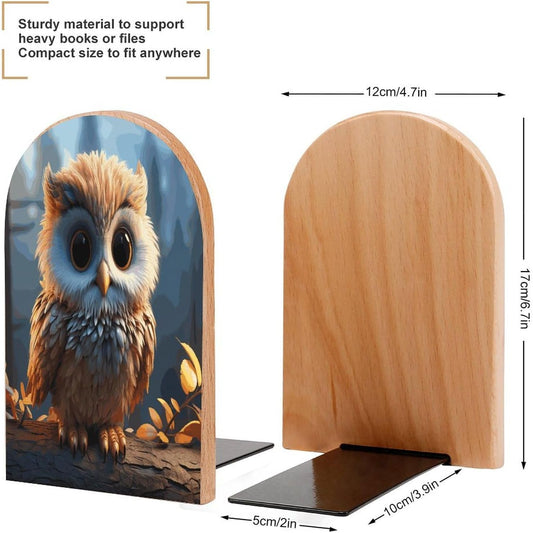 Cute Owl Bookend for Shelves Wooden Book End Large Size Sturdy Book Holders Stoppers with Metal Base for Bookshelves Slick Decorative Bookends Stands