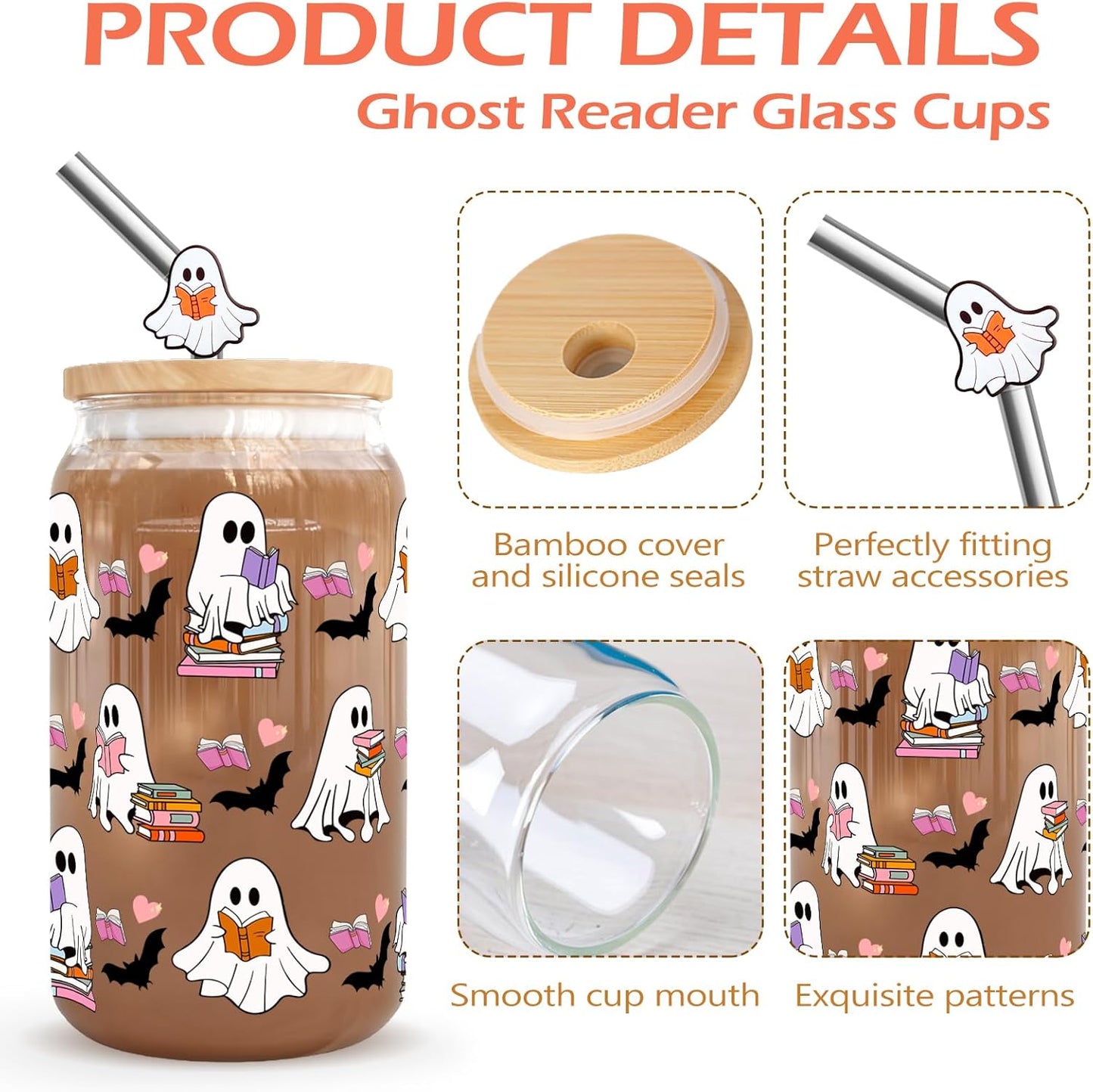 Halloween Gifts for Book Lovers Women Cute Halloween Ghost Reader Iced Coffee Cup with Lid and Straw 16oz Book Themed Bookworm Reading Gifts for Librarian Reader
