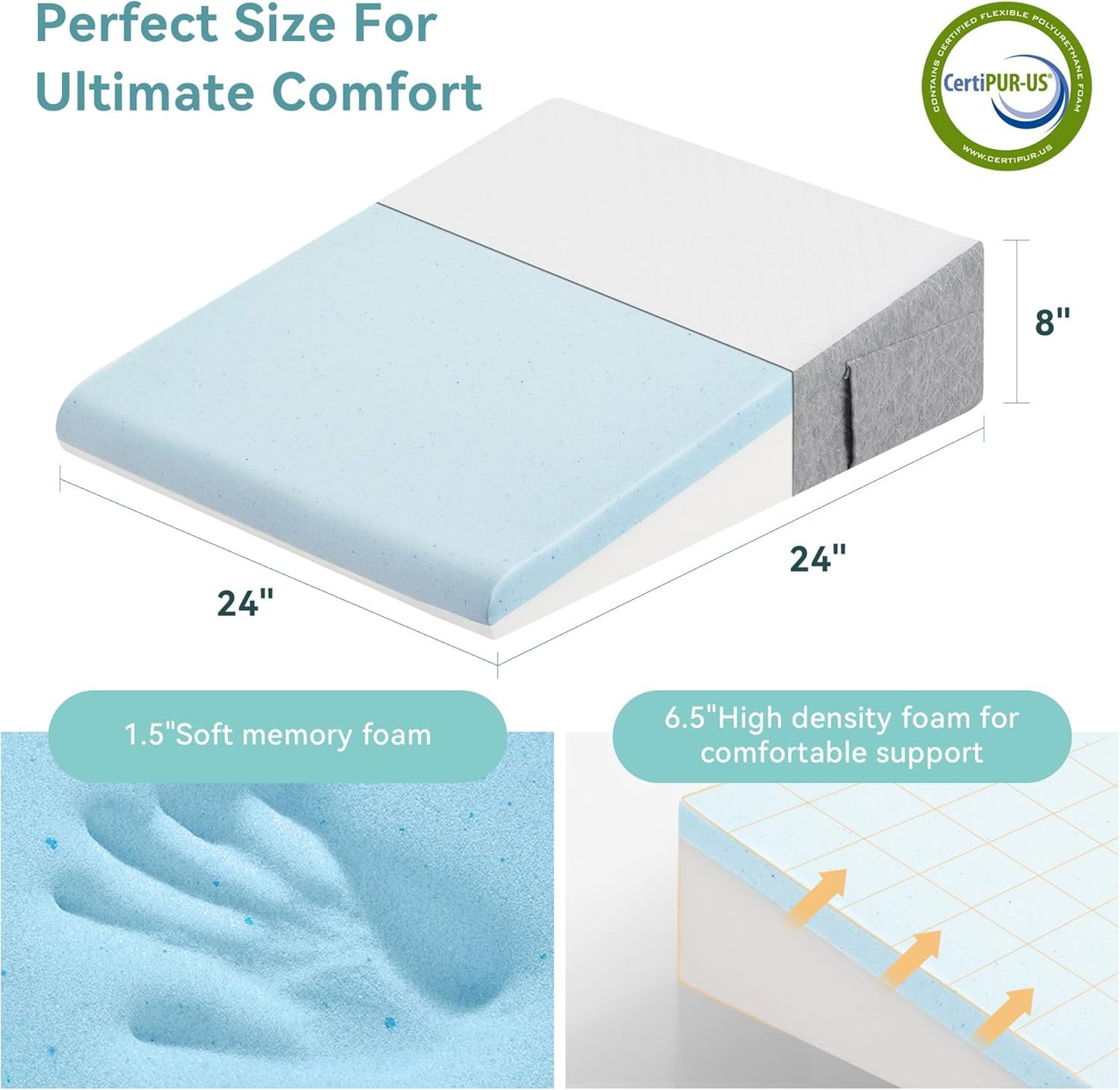 Hcore Bed Wedge Pillow with Soft Memory Foam and Washable Cover, Wedge Pillow for Sleeping, Triangle Pillow Wedge for Acid Reflux, Heartburn, Back Pain Relief, Snoring, Sleep Apnea and Gerd, 8 inch
