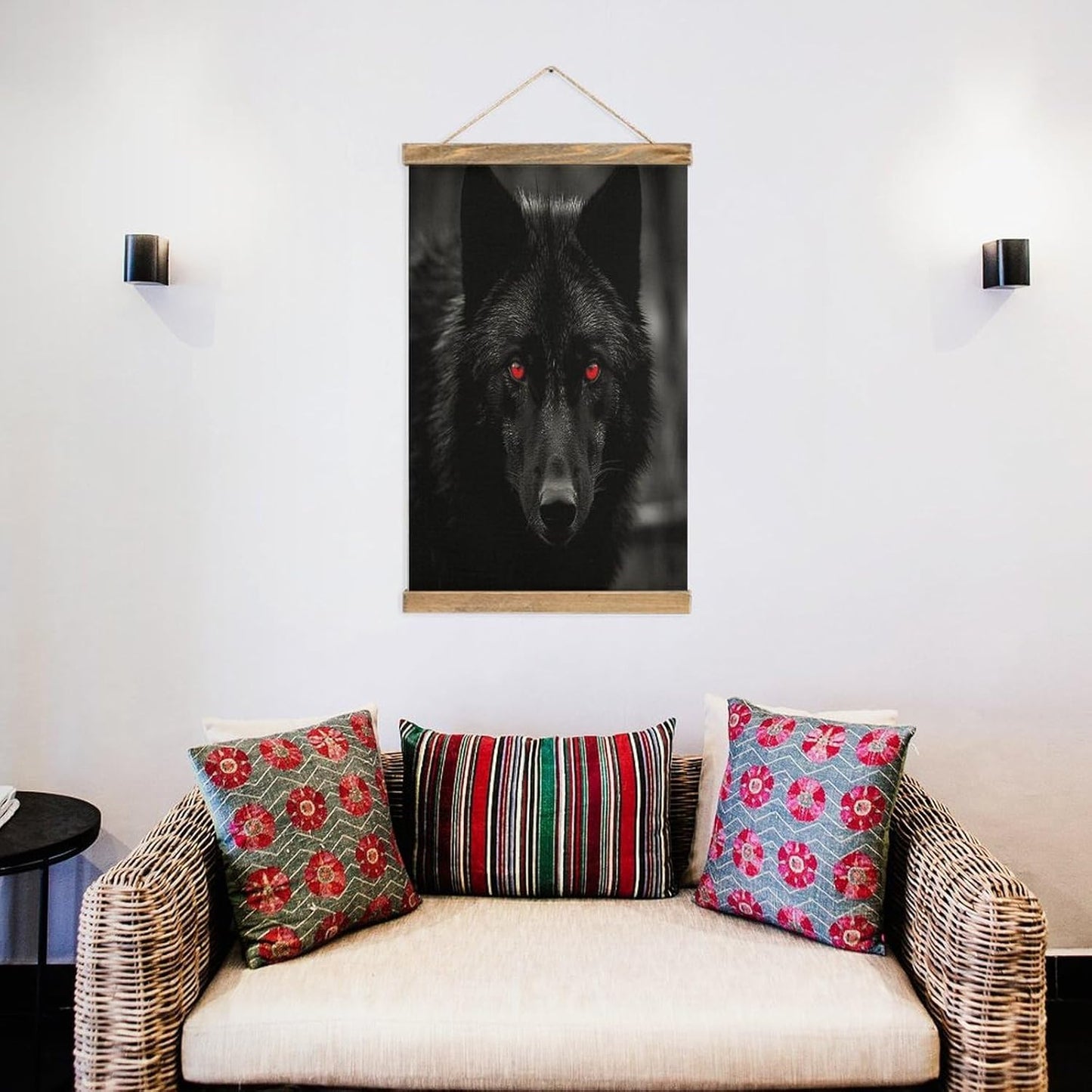 Vintage Black Red Eyed Wolf Poster with Wooden Frame Personalized Linen Hanging Scroll Painting Rustic Wall Hanging Illustrative Modern Artwork Decor for Home Living Room Bedroom Office