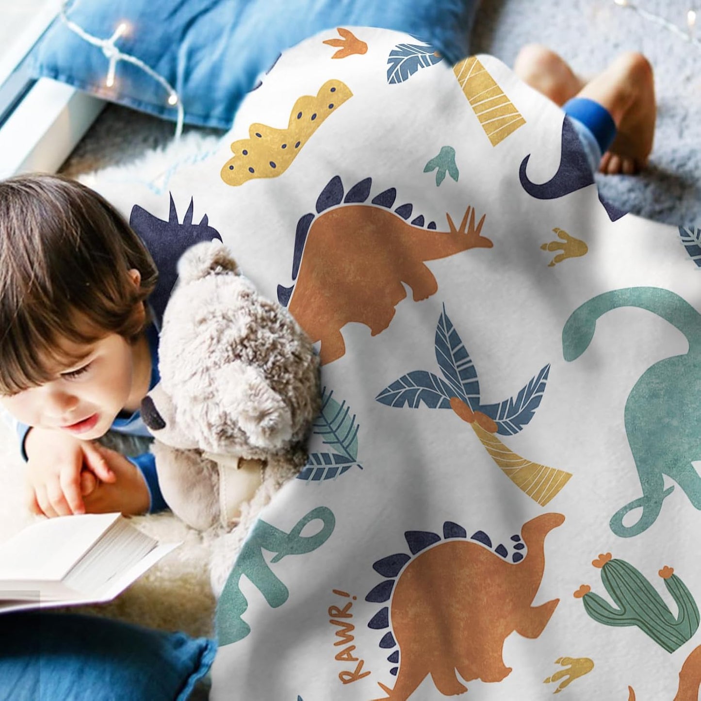 Dinosaur Flannel Throw Blanket for Boys Girls Kids, Dino Rawr Tropical Plant Birthday for Baby Toddler Child Age 1-14 Years Old Teens, White Blanket for Bedding Sofa 50 x 60 in